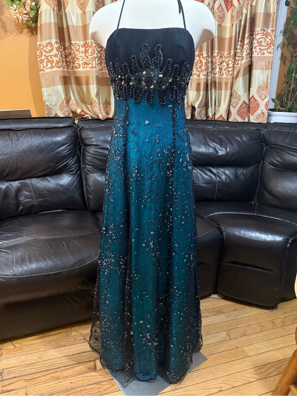 Turkish Brand San Fiore blue beaded maxi dresswith black beaded embellishments